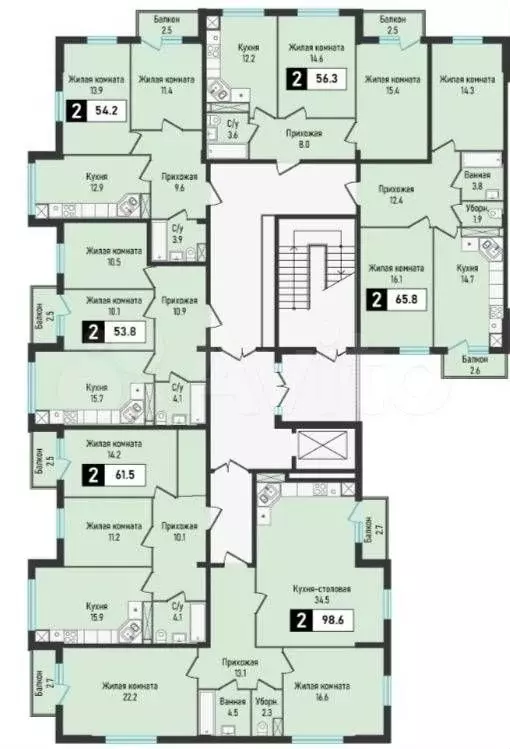 2-к. квартира, 56 м, 4/8 эт. - Фото 1