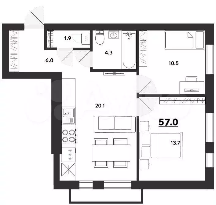 2-к. квартира, 57 м, 2/5 эт. - Фото 0