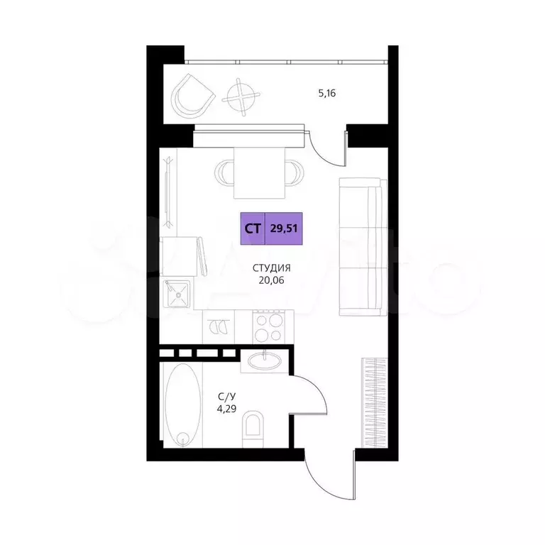 Апартаменты-студия, 29,5 м, 3/6 эт. - Фото 1