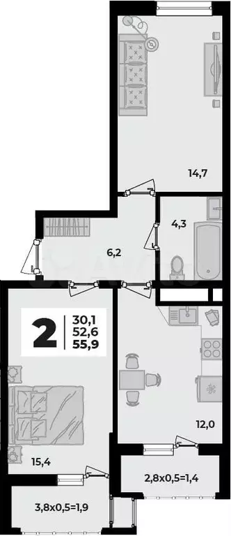 2-к. квартира, 55,9 м, 8/8 эт. - Фото 0