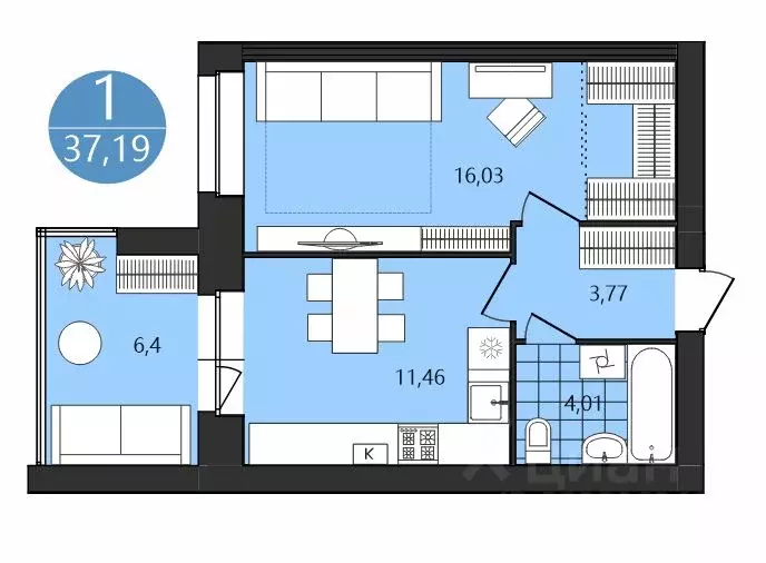 1-к кв. Ярославская область, Ярославль Кавказская ул., 15 (37.19 м) - Фото 2