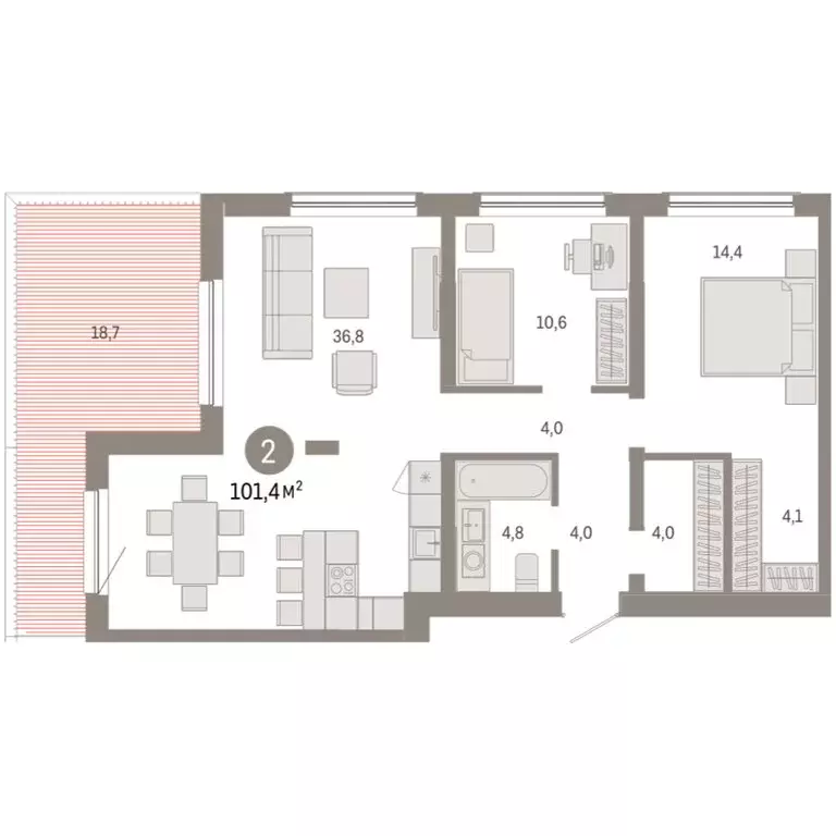 2-комнатная квартира: Новосибирск, Большевистская улица, с49 (101.37 ... - Фото 2