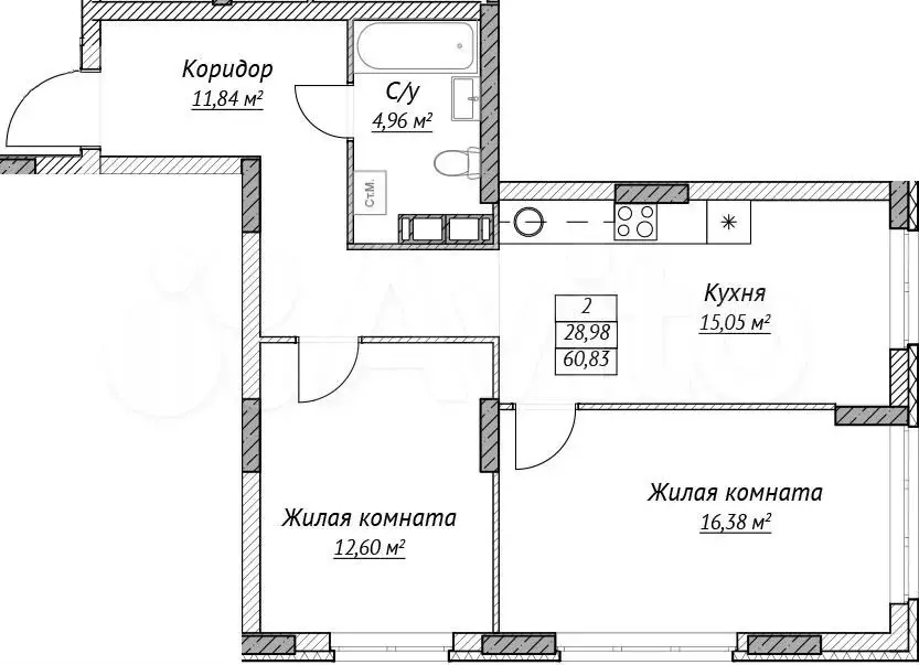 2-к. квартира, 60,8 м, 13/14 эт. - Фото 0