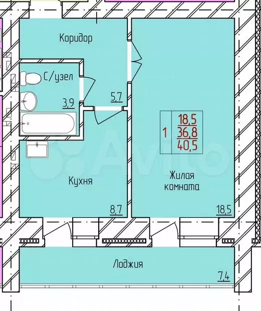 1-к. квартира, 41 м, 2/9 эт. - Фото 1