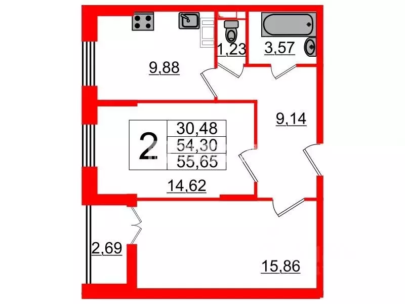2-к кв. Санкт-Петербург ул. Парфеновская, 7к3 (54.3 м) - Фото 2