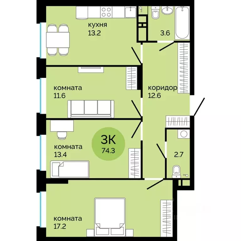 3-к кв. Пермский край, Пермь ул. Яблочкова, 5к4 (74.3 м) - Фото 1