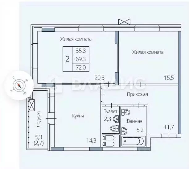 2-к кв. Воронежская область, Воронеж ул. Березовая Роща, 4А (68.8 м) - Фото 2