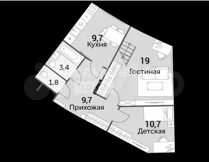 2-к. квартира, 54,3 м, 6/8 эт. - Фото 1