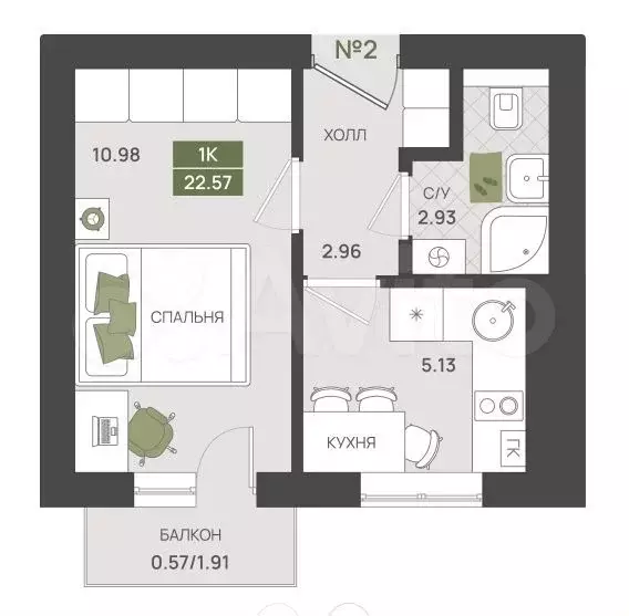 1-к. квартира, 22,6 м, 1/5 эт. - Фото 1