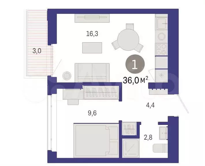 1-к. квартира, 36 м, 6/8 эт. - Фото 1