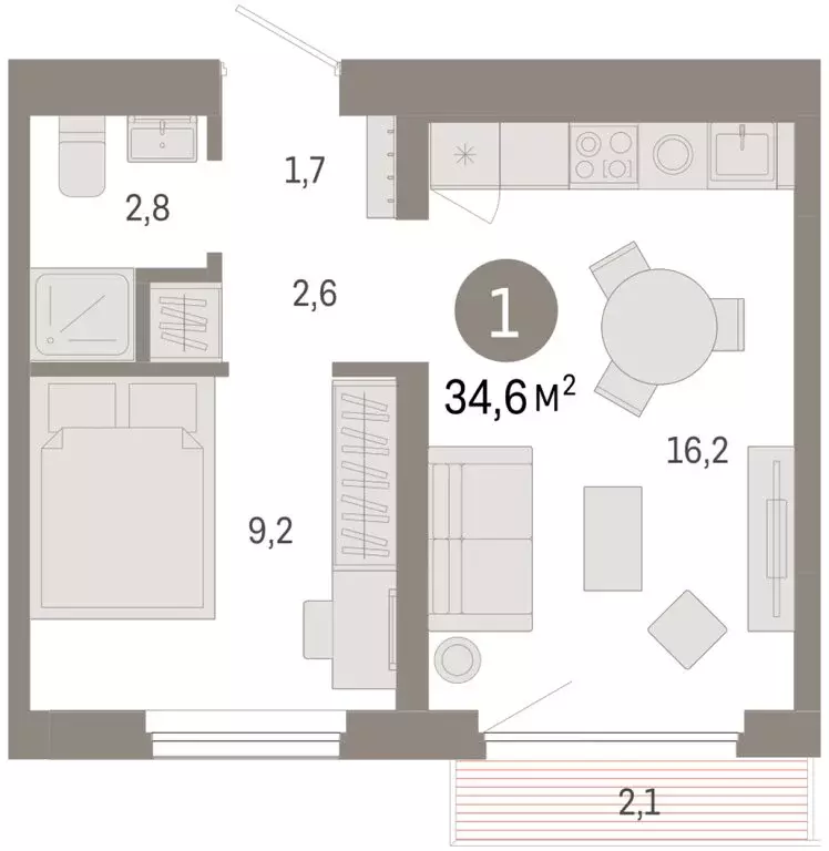 1-комнатная квартира: Новосибирск, квартал Лебедевский (34.6 м) - Фото 1