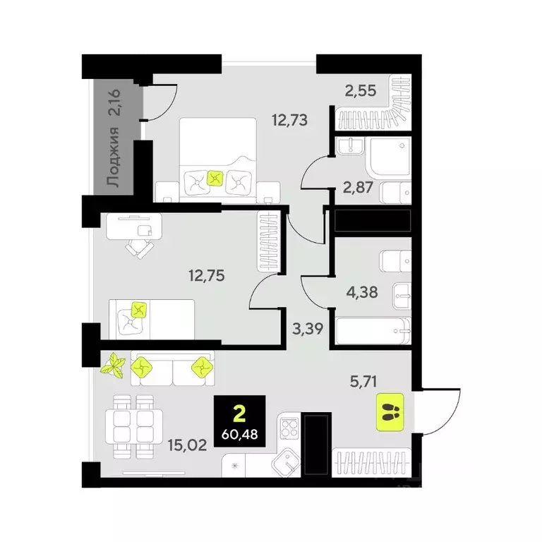 2-к кв. Тюменская область, Тюмень ул. Андрея Приказнова, 1 (60.48 м) - Фото 1