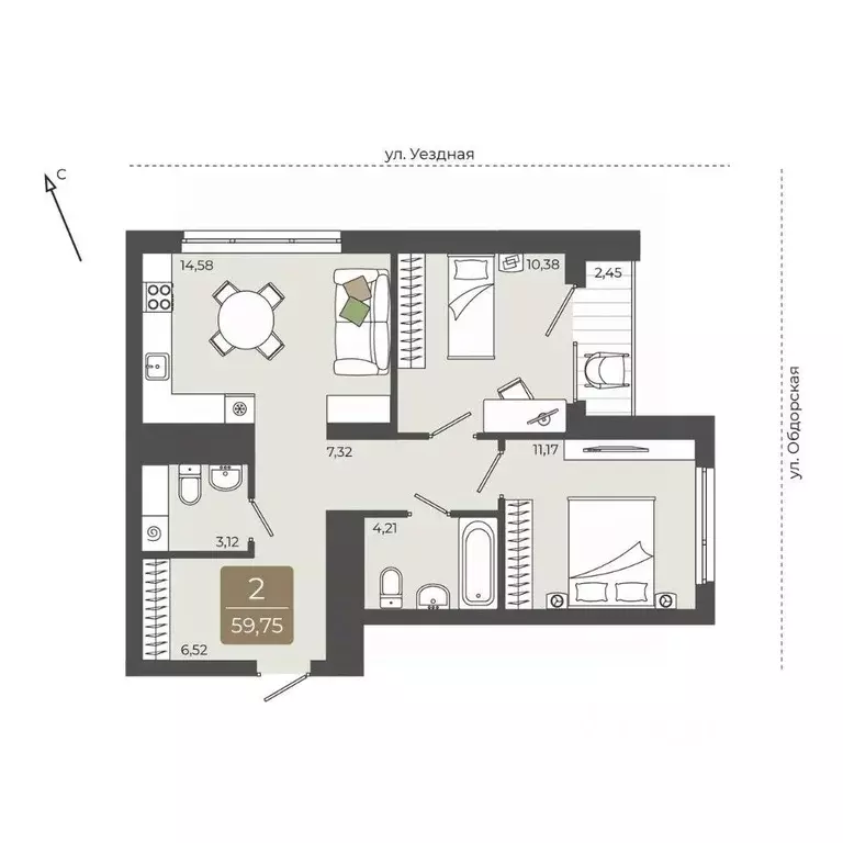 2-к кв. Тюменская область, Тюмень Тюменская Слобода мкр,  (59.75 м) - Фото 0