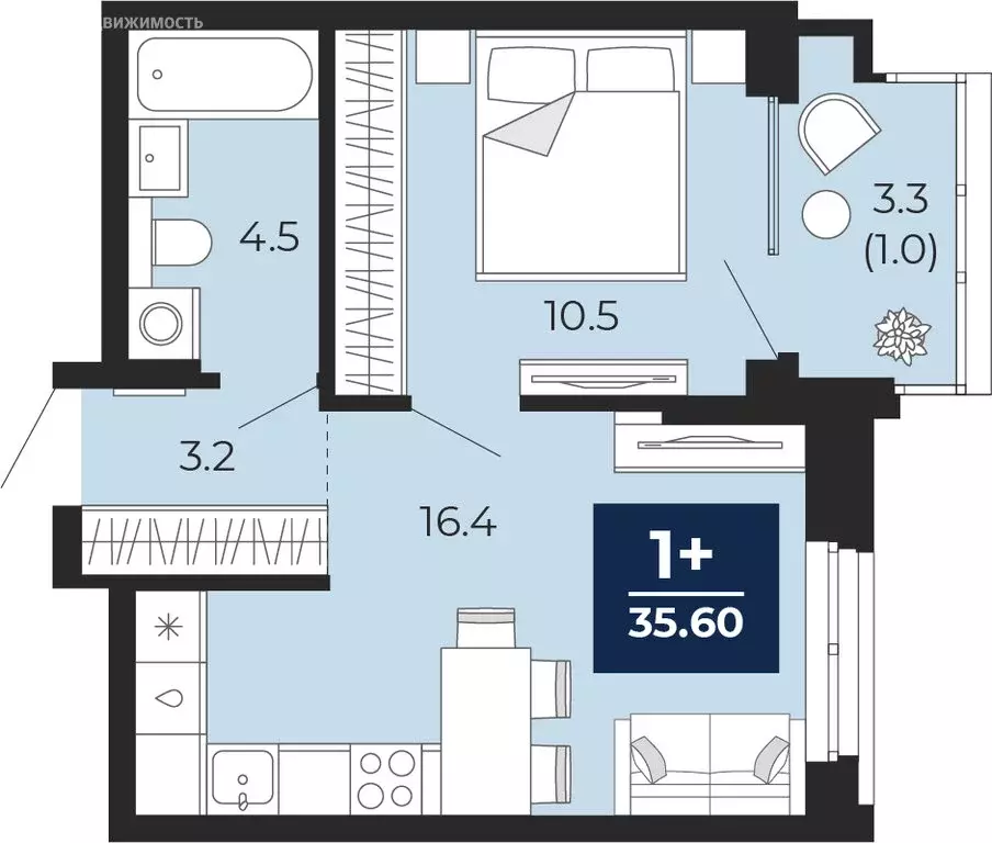 1-комнатная квартира: Тюмень, проезд Капитана Куликова, 7 (37.9 м) - Фото 1