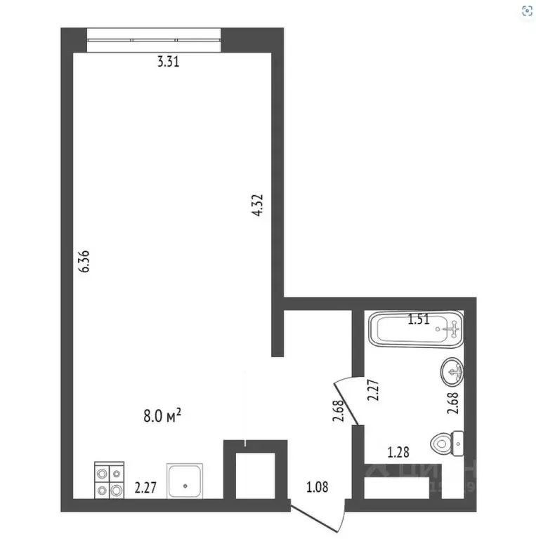 Студия Тюменская область, Тюмень ул. Новоселов, 105 (25.0 м) - Фото 1