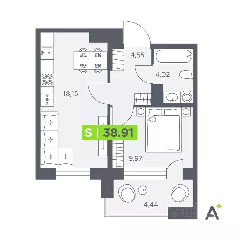 Квартира, 1 комната, 38.9 м - Фото 1