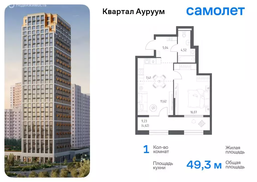 1-комнатная квартира: Екатеринбург, ЖК Квартал Ауруум, к2 (49.28 м) - Фото 0