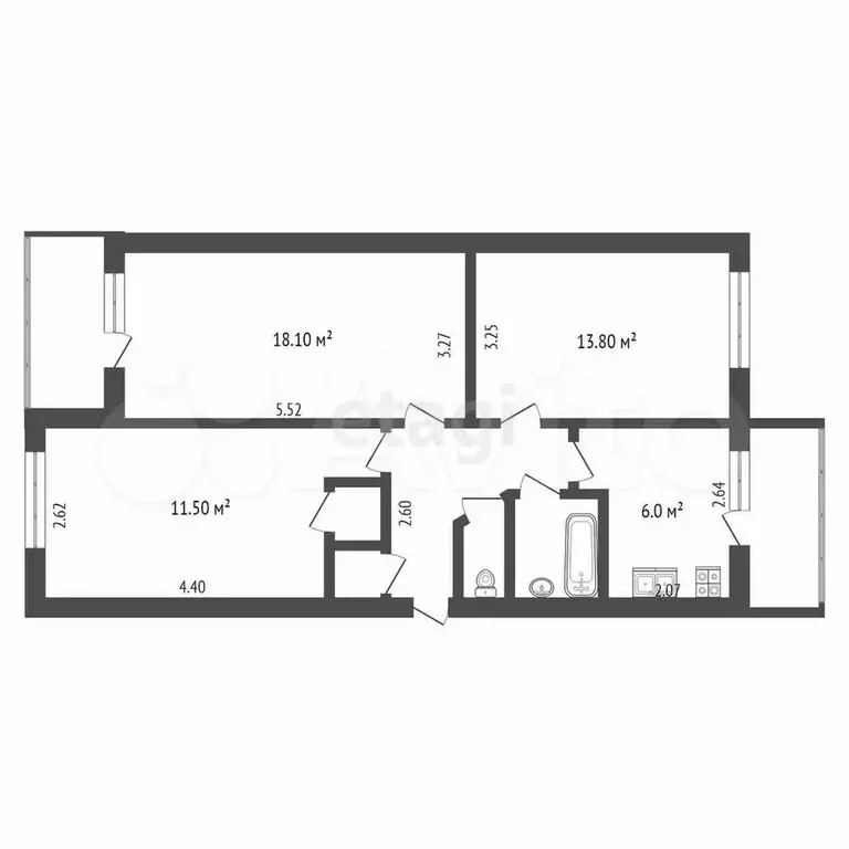 3-к. квартира, 58,8 м, 3/5 эт. - Фото 0