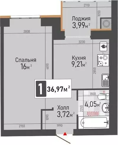 1-комнатная квартира: Рыбное, Крымская улица, 15 (34.98 м) - Фото 2