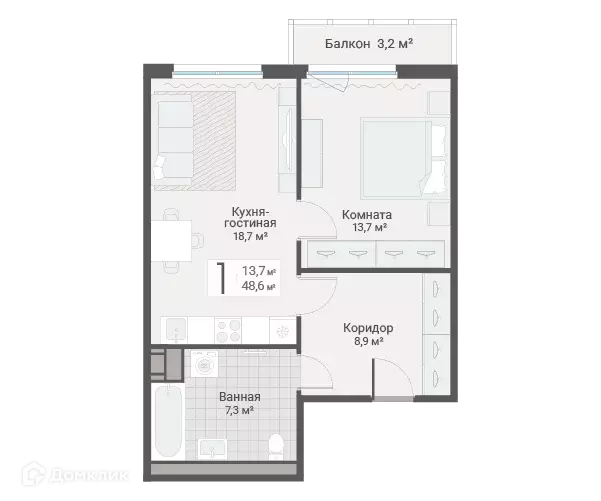 Продаётся 1-к квартира, 48.6 м - Фото 0