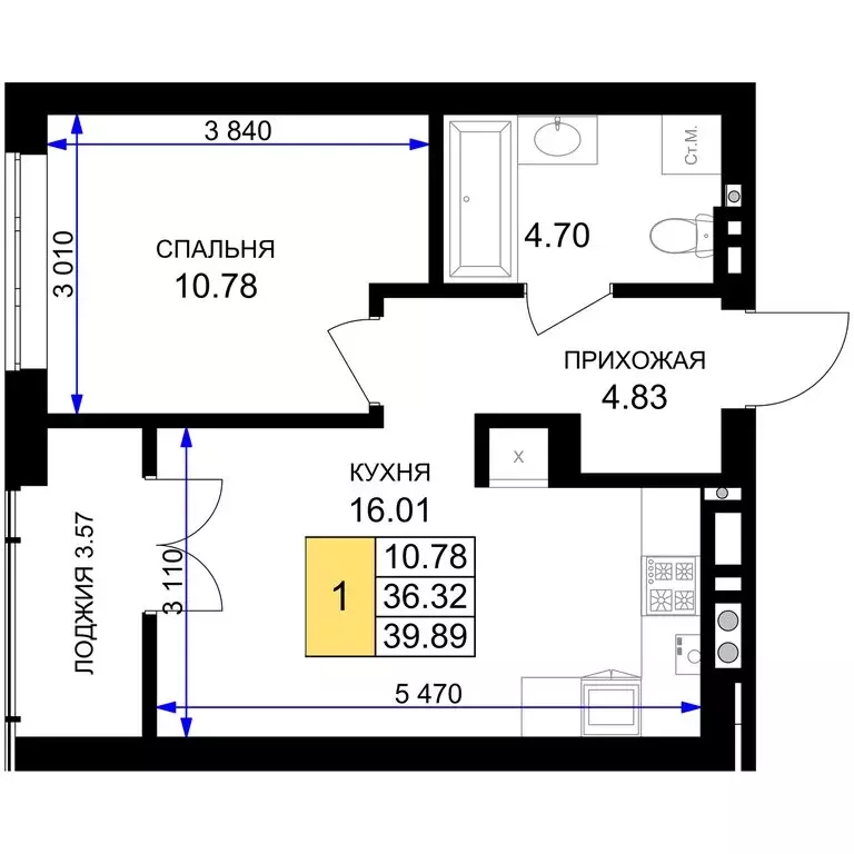 1-комнатная квартира: Гурьевск, жилой комплекс Включи (39.89 м) - Фото 1