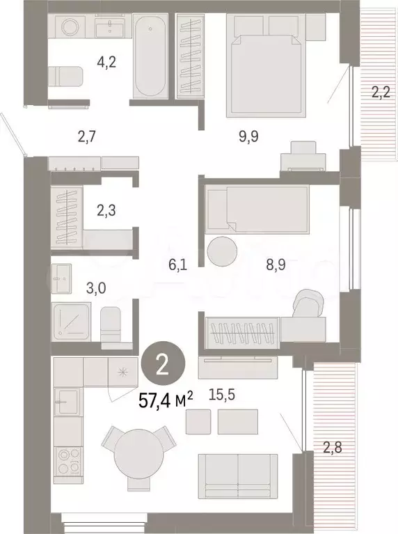 2-к. квартира, 57,4 м, 6/9 эт. - Фото 1