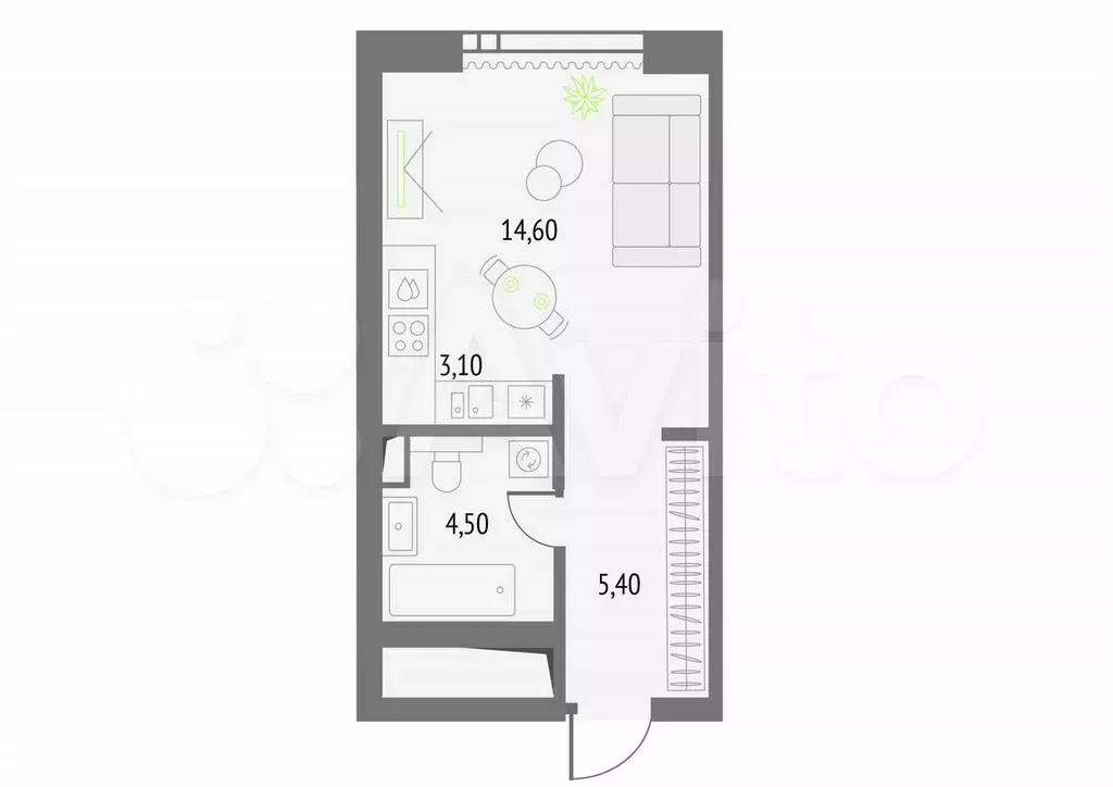 Квартира-студия, 28,1 м, 45/55 эт. - Фото 0