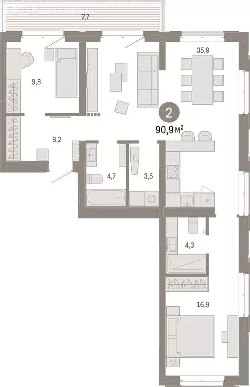 2-комнатная квартира: Тюмень, жилой комплекс На Минской (90.9 м) - Фото 1