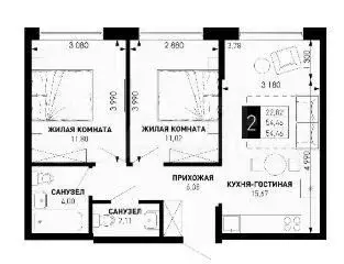 2-к. квартира, 54 м, 7/16 эт. - Фото 1