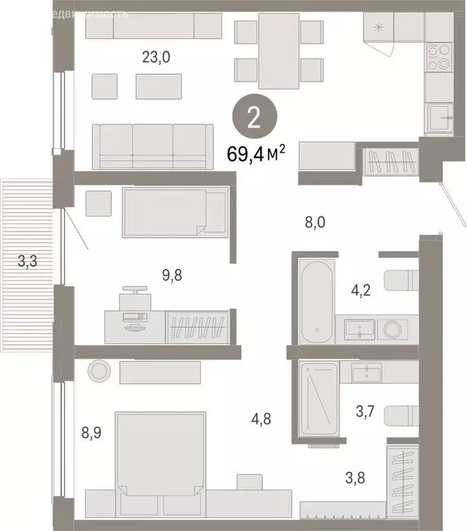 2-комнатная квартира: Новосибирск, Большевистская улица, с49 (69.35 м) - Фото 1