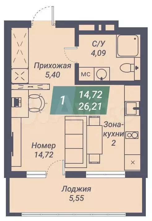 Апартаменты-студия, 26,2 м, 8/23 эт. - Фото 0