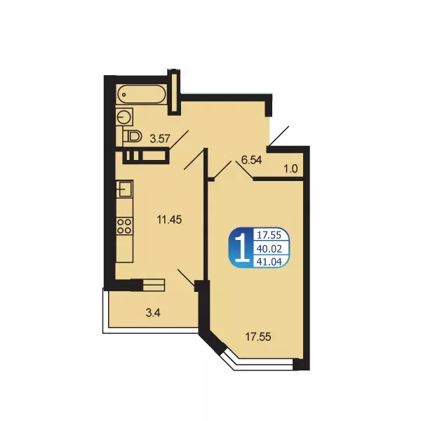 1-к квартира, 41.04 м - Фото 0