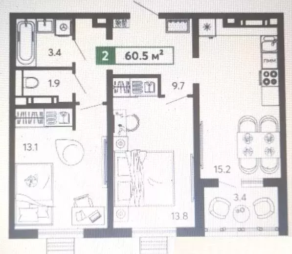 Квартира, 2 комнаты, 60.5 м - Фото 1