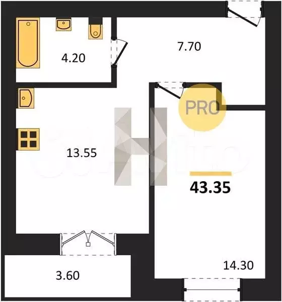1-к. квартира, 43,4 м, 7/8 эт. - Фото 0