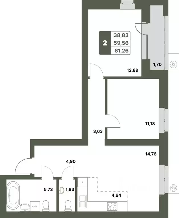 2-к кв. Башкортостан, Уфимский район, с. Миловка  (61.26 м) - Фото 1