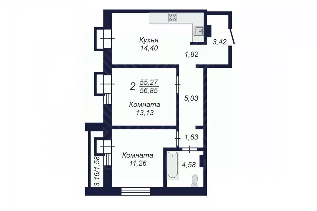 2-к кв. Челябинская область, Челябинск Заручейный кв-л,  (56.85 м) - Фото 1