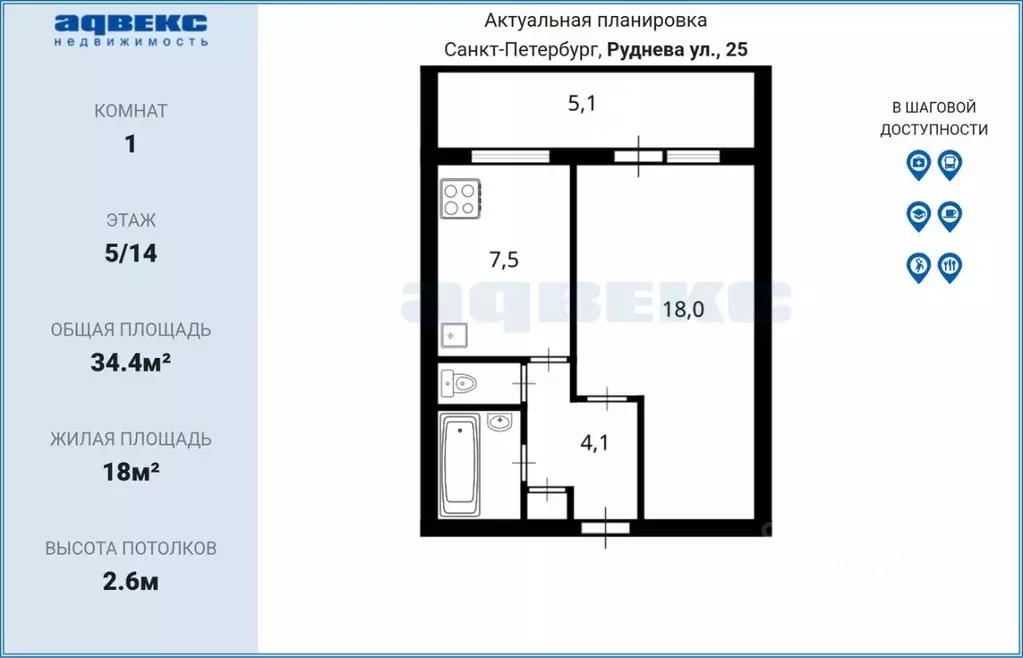 1-к кв. Санкт-Петербург ул. Руднева, 25 (34.4 м) - Фото 2