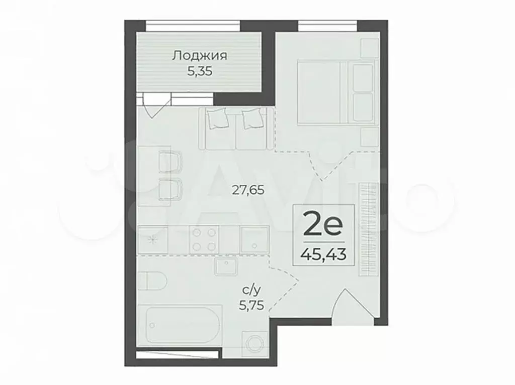 Квартира-студия, 45,4 м, 4/15 эт. - Фото 0