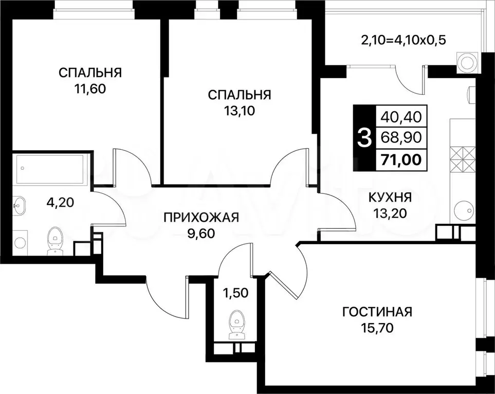 3-к. квартира, 71 м, 7/14 эт. - Фото 0