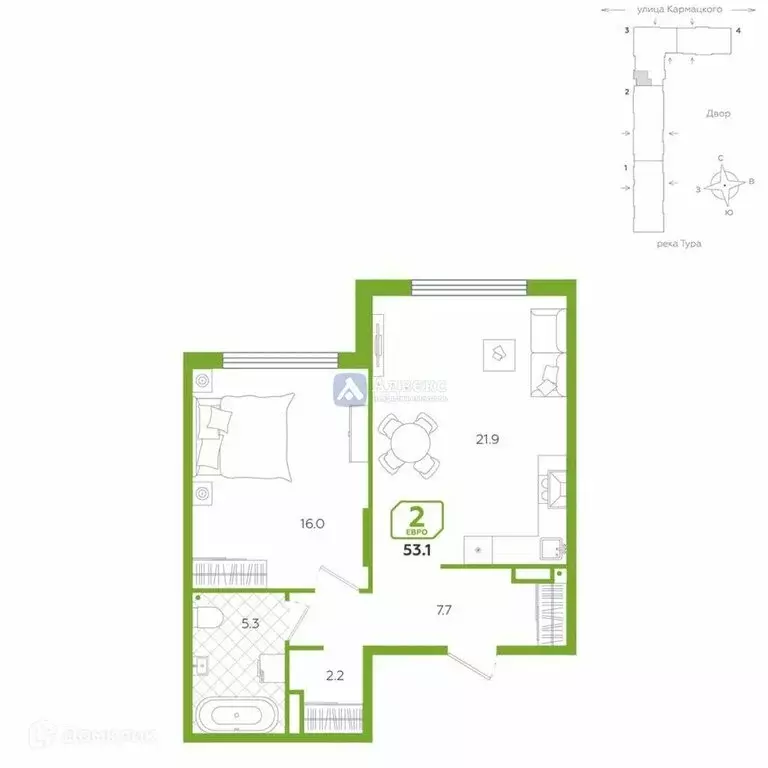 2-комнатная квартира: Тюмень, улица Евгения Войнова, 3 (53.1 м) - Фото 1