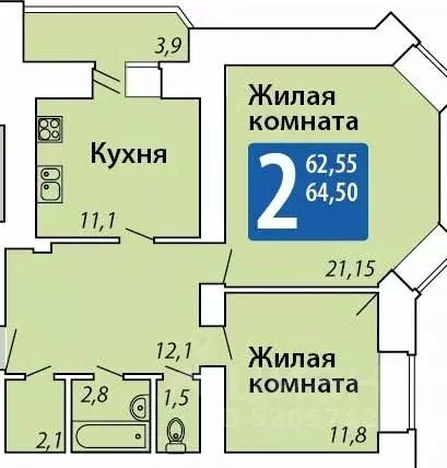 2-к кв. Чувашия, Чебоксары ул. Мирона Ефимовича Ефимова, 1 (64.5 м) - Фото 1