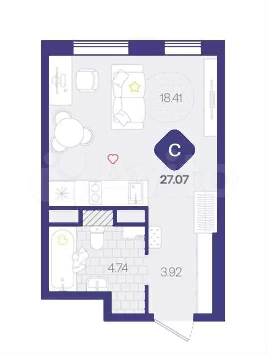 Квартира-студия, 27,1 м, 11/17 эт. - Фото 1