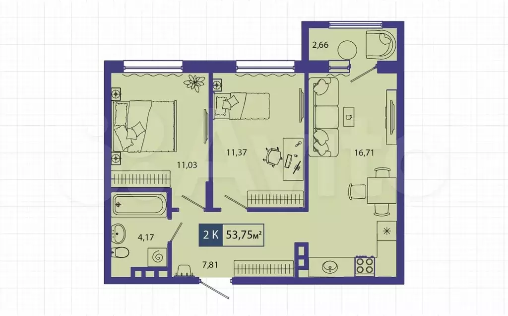 2-к. квартира, 53,8 м, 1/4 эт. - Фото 1