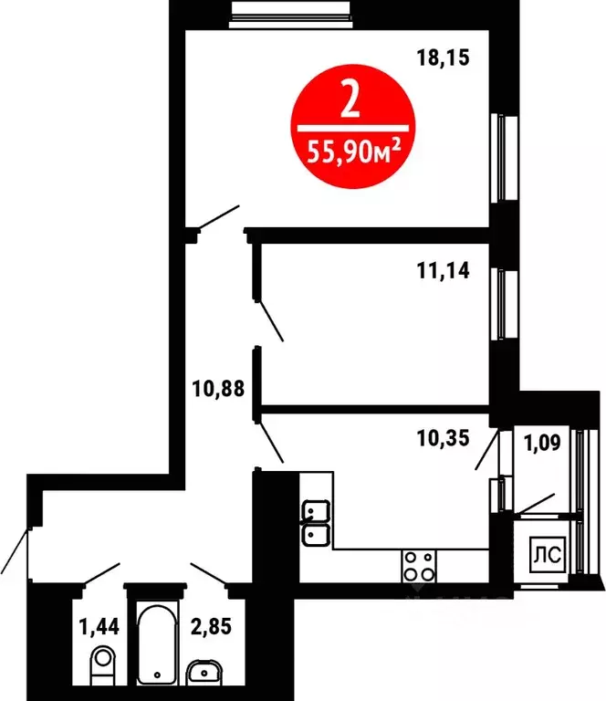 2-к кв. Башкортостан, Уфа ул. Природная (55.9 м) - Фото 0