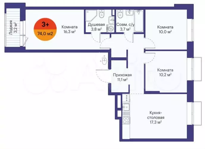 3-к. квартира, 74 м, 1/15 эт. - Фото 1