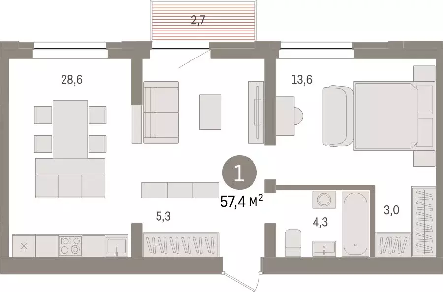 1-комнатная квартира: Тюмень, жилой комплекс Речной Порт (57 м) - Фото 2