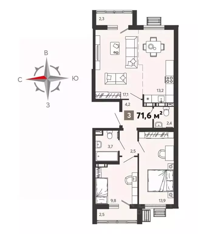 3-к кв. Пензенская область, Пенза Новелла жилой комплекс (72.0 м) - Фото 1