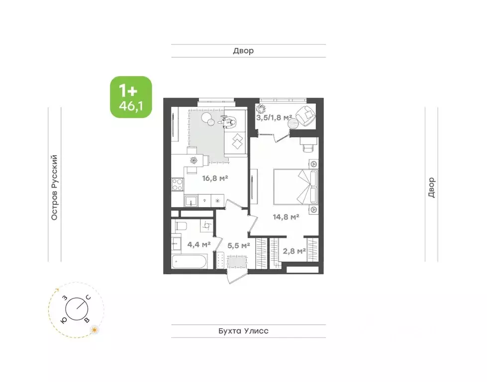 2-к кв. Приморский край, Владивосток ул. 3-я Поселковая, 16/3 (46.1 м) - Фото 1