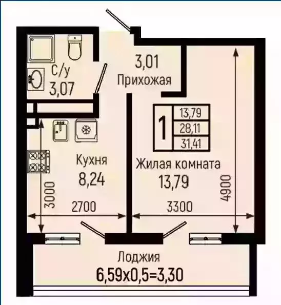 1-комнатная квартира: село Небуг, Спортивная улица (31.41 м) - Фото 1