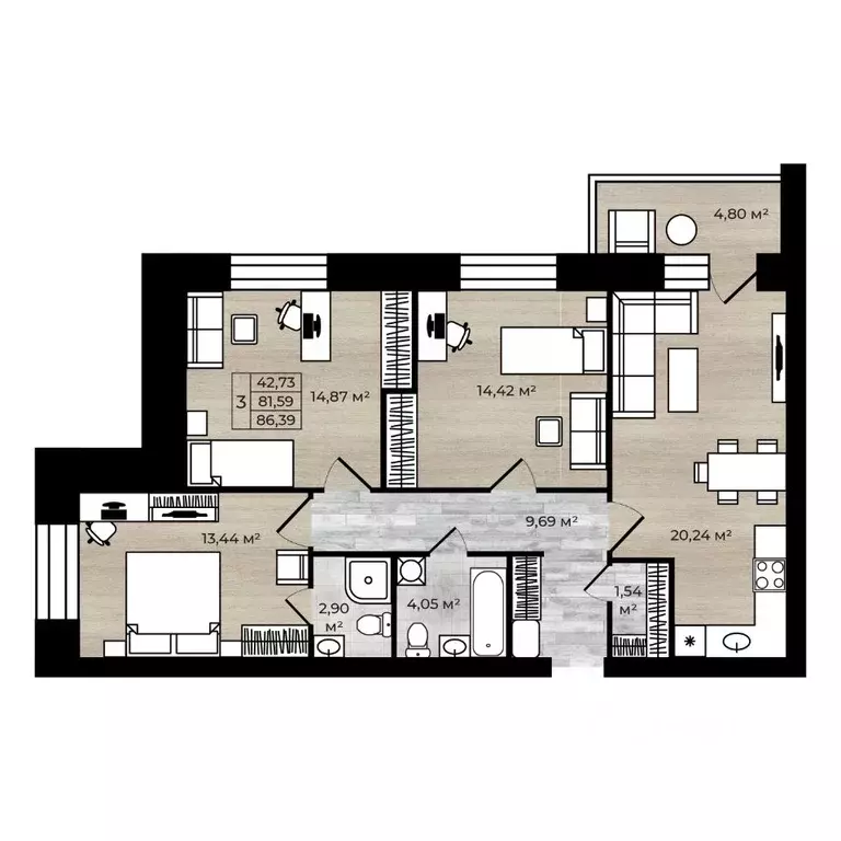 3-к кв. Ярославская область, Ярославль Тормозное ш. (86.39 м) - Фото 1
